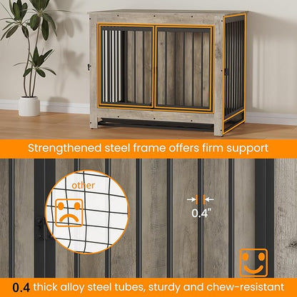 Derfullo Dog Crate Furniture, 38 Inch Indoor Dog Kennel for Medium Dogs Up to 50 LBS, Heavy Duty Wooden Pet Cage End Table with 3 Doors, Alloy Steel Frame & Removable Tray