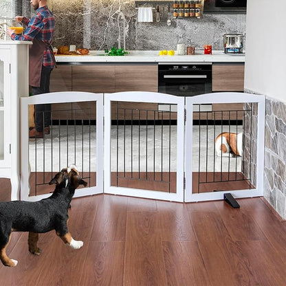 ZJSF Freestanding Dog Fence Indoor, Foldable Dog Gate for Doorways, Stairs or Hallways, Sturdy Wood Extra Wide Pet Gate with Support Feet for The House, White, 24 "Height-3 Panels