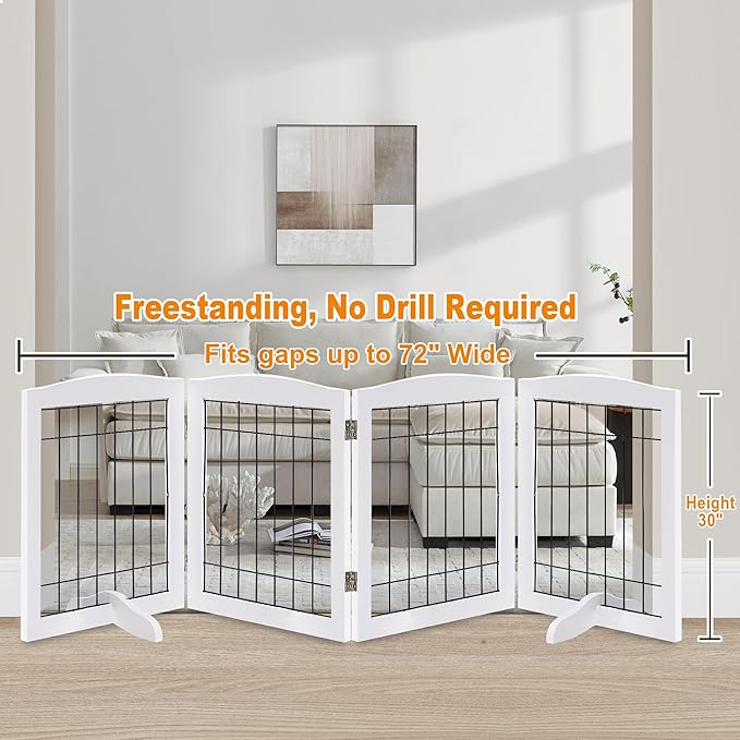 LZRS 4-Panel Freestanding Wooden Dog Gate—Extra Wide 30” Tall Foldable Pet Barrier with Support Feet, Solid Hardwood & Steel Wire Chew-Resistant Safety Gate for Doorways, Hallways, and Stairs, White