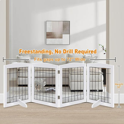 LZRS 4-Panel Freestanding Wooden Dog Gate—Extra Wide 30” Tall Foldable Pet Barrier with Support Feet, Solid Hardwood & Steel Wire Chew-Resistant Safety Gate for Doorways, Hallways, and Stairs, White