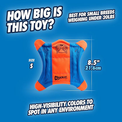 Chuckit! Flying Squirrel Fetch Dog Toy - Water Floating Flyer - Soft and Durable Polyester Canvas Construction - For Small Dogs - Size Small - 8.25-inch Diameter - Pack of 1 - Orange and Blue