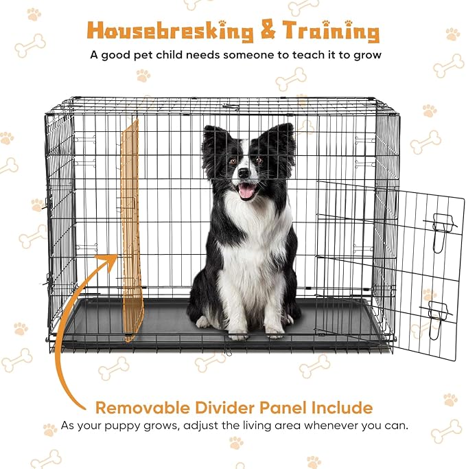 DUMOS Dog Crate, 42 Inch Large Double Door Dog Cage with Plastic Leak-Proof Pan Tray, Folding Metal Wire Pet Kennel for Indoor, Outdoor, Travel