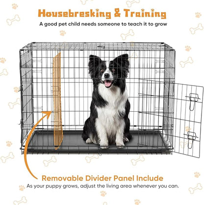 DUMOS Dog Crate, 42 Inch Large Double Door Dog Cage with Plastic Leak-Proof Pan Tray, Folding Metal Wire Pet Kennel for Indoor, Outdoor, Travel