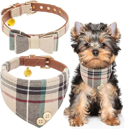 EXPAWLORER Dog Collar and Bandana Set - Classic Plaid Dog Bow Tie and Bandana Collar with PU Leather, Adjustable Collars for Small Medium Large Dogs Cats, Holiday Ideal Gift, Beige S
