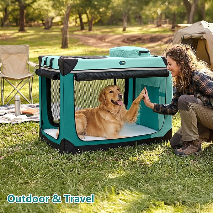 Ownpets Collapsible Dog Crate, 42 inch Portable Travel Dog Crate for Large Dogs, 4-Door Foldable Pet Kennel with Durable Mesh Windows & Soft Mat