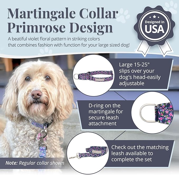 Lucky Love Dog Martingale Dog Collar - Adjustable, No-Slip, Durable, & Soft Webbing Collar for Male and Female Dogs Ideal for Training & Walking - Primrose, Large