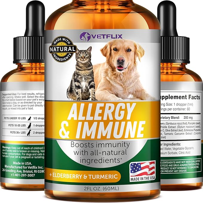 Allergy and Immune Drops for Dogs, Cats, Puppies and Kittens - Natural Supplement with Turmeric and Milk Thistle - Seasonal Allergy Relief and Immune Support - 2 Fl Oz