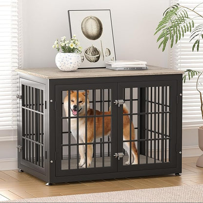 rehomerance 38 Inch Heavy Duty Dog Crate Furniture for Large and Medium Dogs, Decorative Pet House End Table, Wooden Cage Kennel Furniture Indoor, Grey