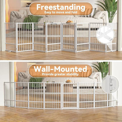 SNUOWU Full Metal Freestanding Dog Gate with Door, 32''Height Foldable Pet Dog Fence for Indoor & Outdoor, 8 Panels Extra Wide Free Standing TallDog Gates for Doorways,House,Stairs,Porch,Deck,Yard