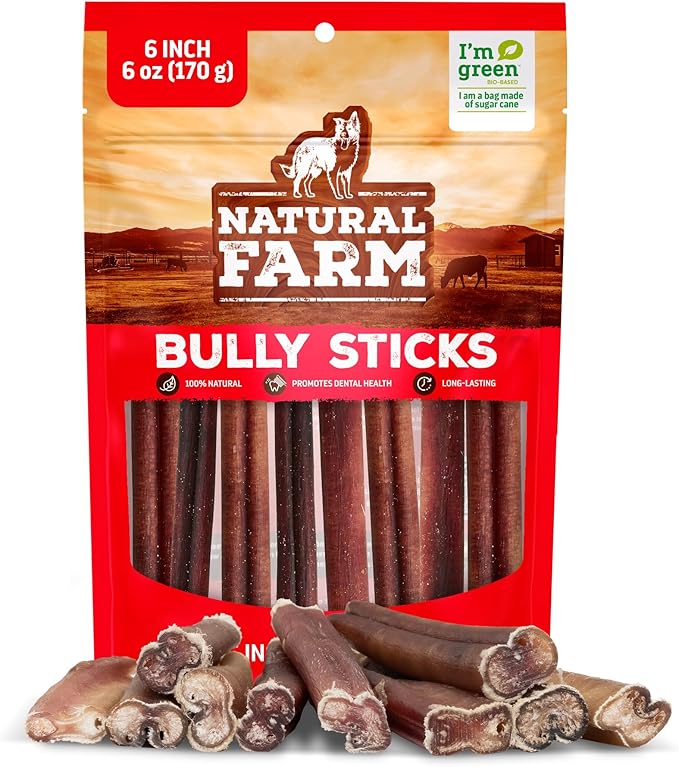 Natural Farm Odor-Free Bully Sticks (6 Inch, 6 Ounces), Packaged by Weight, 100% Beef Chews, Grass-Fed, Fully Digestible Treats to Keep Your Puppies, Small and Medium Dogs Busy