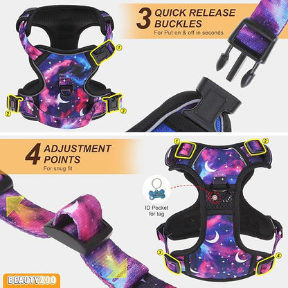 BEAUTYZOO No Pull Dog Harness and Leash Set with 2 Metal Leash Clips - Overhead-Free 3 Snap Buckles Design, Adjustable No-Choke Soft Padded Reflective Oxford Pet Vest for Small Medium Large Dogs, XL