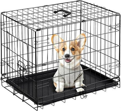 Simple Deluxe 24-Inch Single Door Dog Crate, Durable and Foldable Metal Wire Cage with Leak-Proof Plastic Tray, Portable Pet Kennel for Indoor, Outdoor, and Travel