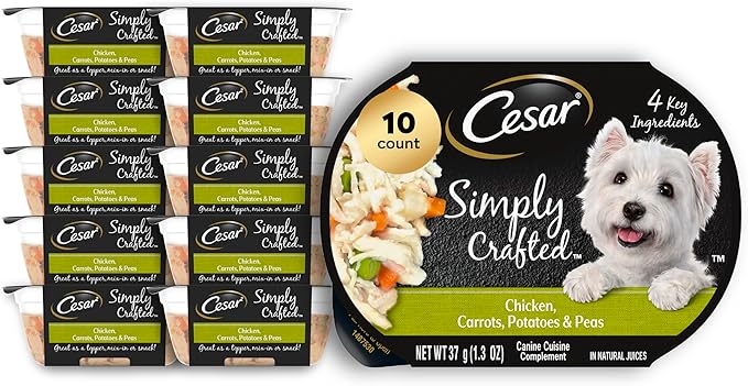 Cesar Simply Crafted Adult Wet Dog Food Toppers for Dry Food, Chicken, Carrots, Potatoes & Peas, 1.3 oz Tubs, 10 Count