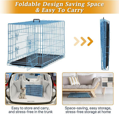 Dog Crate Dog Kennel Cage for Small Dogs, 24" Portable Foldable Indoor Outdoor Large Double Door Wire Metal Puppy Cat Pet Dog Cage with ABS Tray LC & Divider, Blue