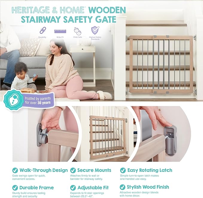 Regalo Safety 23.5"-42" Heritage & Home Wooden Baby Gate for Stairs & Doorways, Walk Through Stair Gate with Door for Babies, Toddlers, & Pets, American Designed and Owned