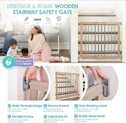 Regalo Safety 23.5"-42" Heritage & Home Wooden Baby Gate for Stairs & Doorways, Walk Through Stair Gate with Door for Babies, Toddlers, & Pets, American Designed and Owned