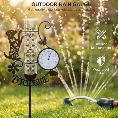 Rain Gauge Outdoor with Thermometer, 7" Capacity Detachable Rain Gauges Outdoors Best Rated with Stake, Cute Dog with Flowers & Butterflies Design Decorative for Garden Yard, Easy-Read Durable