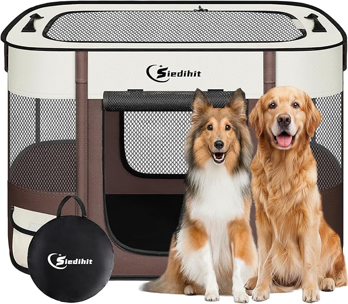Dog Playpen,Cat Pet Puppy Pen,Portable Playpens for Dogs Indoor Outdoor Travel Camping Use,Foldable Dog Kennel Tent Crate for Rabbit Small Animals with Carrying Case (Brown, Large)