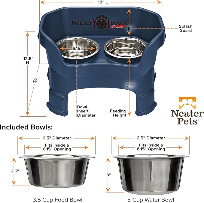 Neater Feeder Deluxe Mess-Proof Elevated Dog Bowls for Medium Dogs (19–40 lbs), 2 Height Adjustable (10” & 12.5”) No-Spill Raised Dog Bowl Stand, Stainless Steel Food Bowl Set, Made in USA, Dark Blue