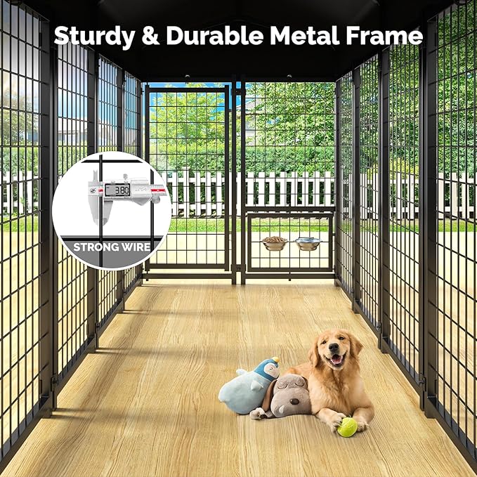 Sino Luban 2PCS Outdoor Dog Kennel Outside Run with Doggy Door, Swivel Feeder&Roof - 8x4x6FT Large Dog Kennels Pens Outside for Large Dogs Breed - Heavy Duty Cage (Can Connect to Your Dog House)