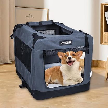 JESPET 27'' Soft Dog Crates Kennel for Pets, 3 Door Soft Sided Folding Travel Pet Carrier with Straps and Fleece Mat for Dogs, Cats, Rabbits, Grey Blue & Beige (27" L x 20" W x 20" H, Grey)