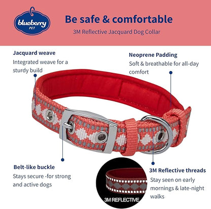 Blueberry Pet Reflective Jacquard Dog Collar with Neoprene Padding & Metal Buckle | Soft & Adjustable Safety Collar - Coral, Neck 17-20.5", for Large Breed