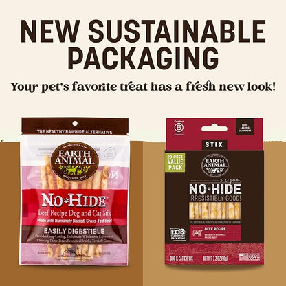 Earth Animal No Hide Stix - Long Lasting Rawhide Free Small Dog Chews Sticks, Beef - 10 Count