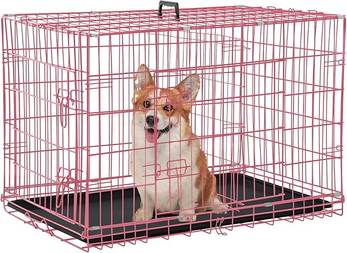 Folding Dog Crate 36" Metal Portable Outdoor Double Door Wire Large Cat Pet Dog Cage Kennel with ABS Tray LC & Divider, Pink