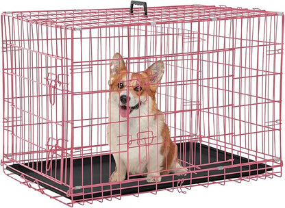 Folding Dog Crate 36" Metal Portable Outdoor Double Door Wire Large Cat Pet Dog Cage Kennel with ABS Tray LC & Divider, Pink