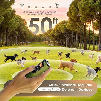 Dog Bark Deterrent Device & Anti Barking Device for Dogs, 50FT Ultrasonic Dog Trainer - Silent to Humans, Safe, Humane, Long-Lasting Rechargeable Green Handheld with LED, Indoor/Outdoor