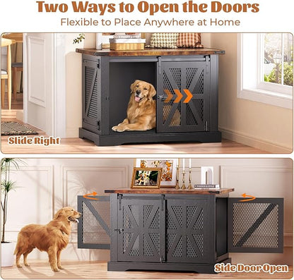 VOPEAK 40" Farmhouse Dog Crate Furniture, Heavy Duty Dog Cage for Medium Large Dogs, Wood Dog Crate Dog Kennel Indoor with Double Doors, Chew Resistant End Table for Bedroom Living Room, Black