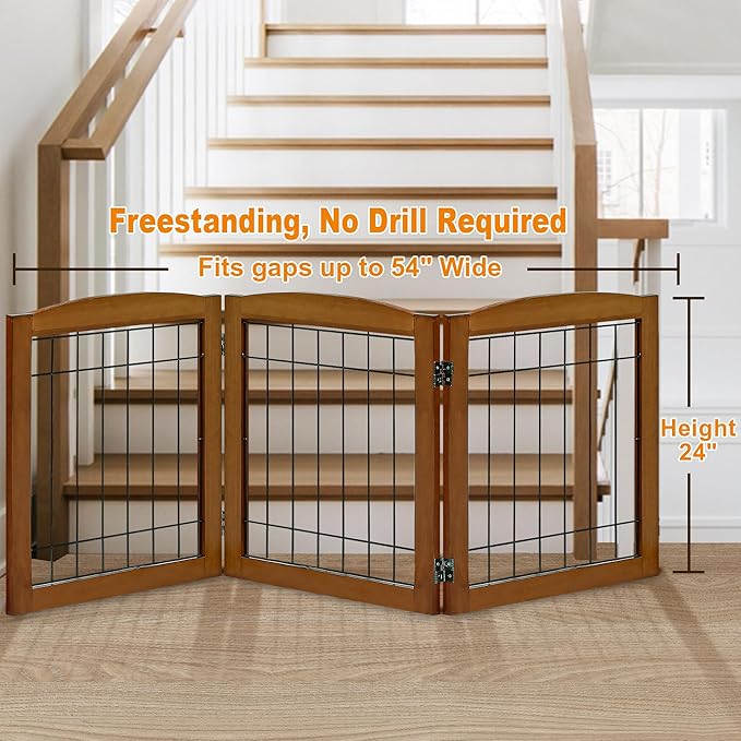 LZRS 3-Panel Freestanding Foldable Wooden Dog Gate –Solid Wood & Steel Wire Chew-Resistant Indoor Safety Pet Fence for Doorways & Stairs, Ideal for Small to Medium Dogs & Puppies, Cherry