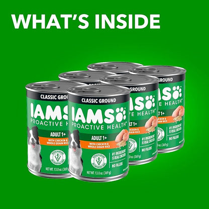 IAMS Proactive Health Wet Dog Food, Adult Wet Dog Food Multipack Ground Dinner, with Chicken & Whole Grain Rice, 13 oz. Cans (Pack of 6)