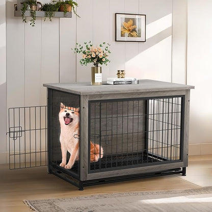 JY QAQA Dog Crate Furniture, Wooden Dogs Crate Table, Double-Doors Dog Furniture, Indoor Dog Kennel, Dog House, Dog Cage/Grey/L