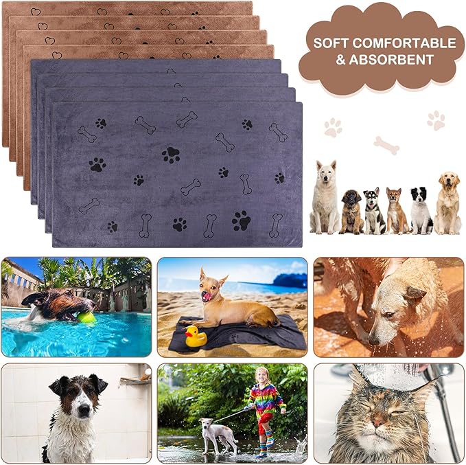 Chumia 8 Pcs Dog Towels for Drying Dogs Cats Pet Towels Bulk Puppy Microfiber Fast Drying Paw Bath Bathing Supplies Absorbent for Medium Pets(40 x 24 Inch,Dog Paw and Bone,Brown, Gray)