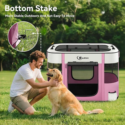 Dog Playpen,Cat Pet Puppy Pen,Portable Playpens for Dogs Indoor Outdoor Travel Camping Use,Foldable Dog Kennel Tent Crate for Rabbit Small Animals with Carrying Case (Pink, Large)