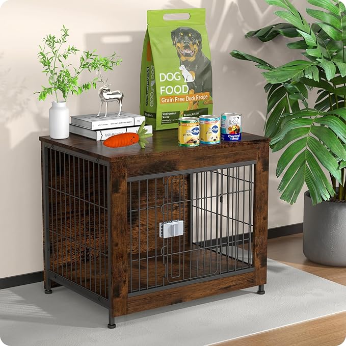 Dog Crate Furniture, Wooden Dog Crate 27in, Decorative Cage with End Table for Dog Indoor Kennel, High Anxiety Dog, Escape-Proof Locks for All Breeds