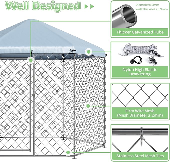 EUNHOO Outdoor Dog Kennel,6.9'L x 6.9'W x 7.5'H Metal Wire Dog Kennel for Large Dogs,Heavy Duty Dog Pen Dog Run with Roof, Fence for Dogs Outside Yard