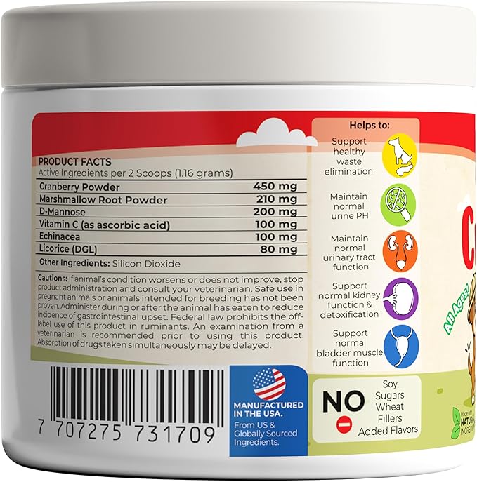 Cranberry Supplement for Dogs – Cranberry Powder with D-Mannose, Marshmallow Root & Vitamin C, Bladder & Kidney Support for Urinary Tract for Dogs, Helps Maintain Normal Urine pH – 173 Scoops