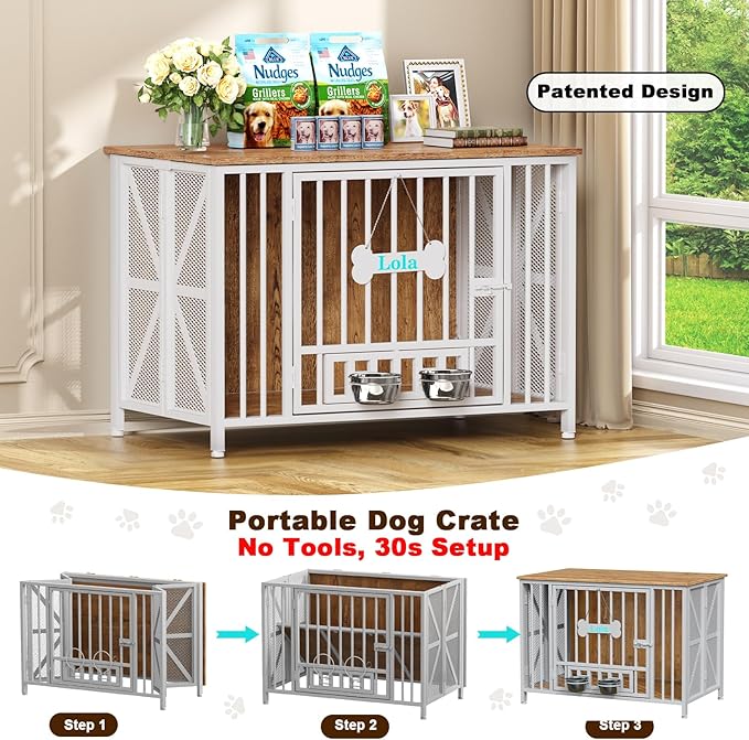 Easycom Foldable Large Dog Crate Furniture, 41.3" Assembly-Free Dog Crates for Large Dogs, Decorative Wooden Dog Kennel Indoor with Tag & Dog Bowls, Dog Cage Use as TV Stand, White & Beech