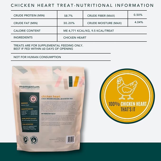 Momentum Carnivore Nutrition Freeze-Dried Chicken Heart Dog Treats & Cat Treats – Single-Ingredient, High-Protein, Grain-Free, Naturally Nutrient-Rich – Made in USA – 3.5 oz Bag
