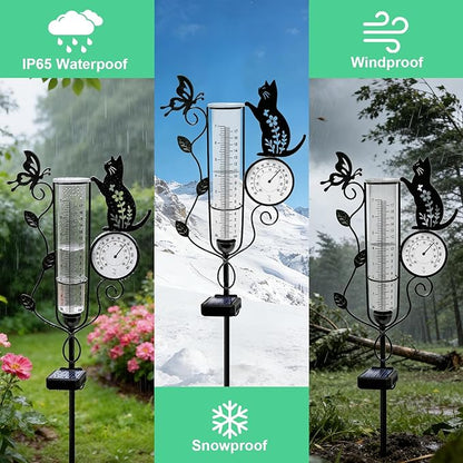 YJFWAL Cat Rain Gauge Outdoor, Decorative Metal Butterfly Solar Rain Gauge with LED Light and Thermometer, Garden Decor for Yard, Lawn, Pathway, Farm