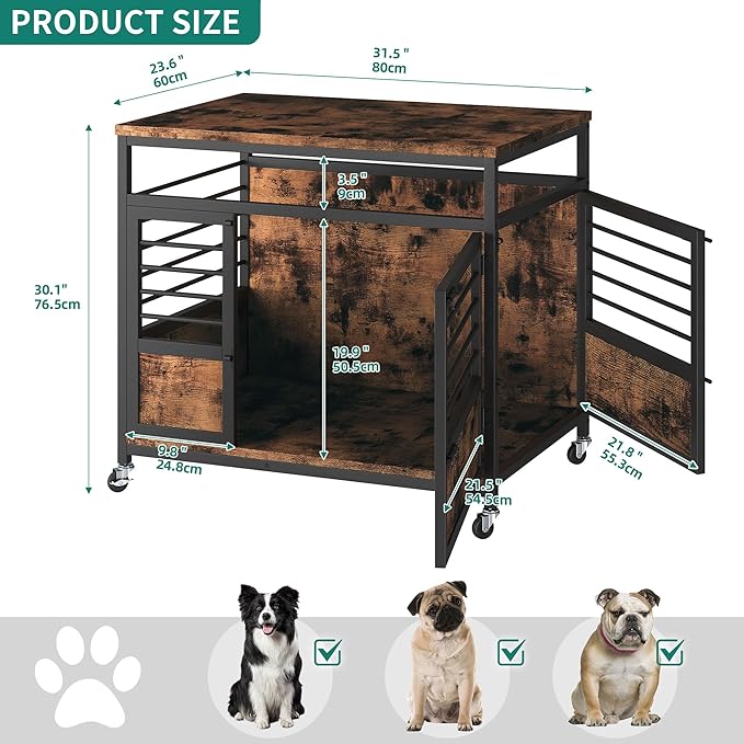 YITAHOME 32" Dog Crate Furniture with Wheels, Farmhouse Decorative Wood Dog Cage End Table Chew-Resistant Wooden Dog Kennel Indoor for Small Dogs, Rustic Brown