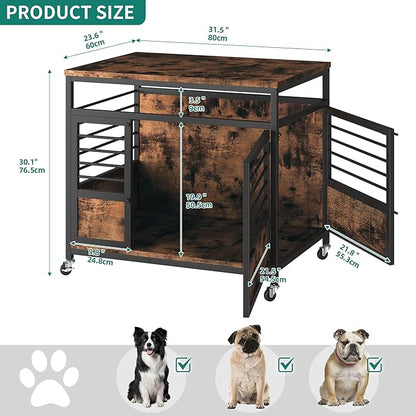 YITAHOME 32" Dog Crate Furniture with Wheels, Farmhouse Decorative Wood Dog Cage End Table Chew-Resistant Wooden Dog Kennel Indoor for Small Dogs, Rustic Brown