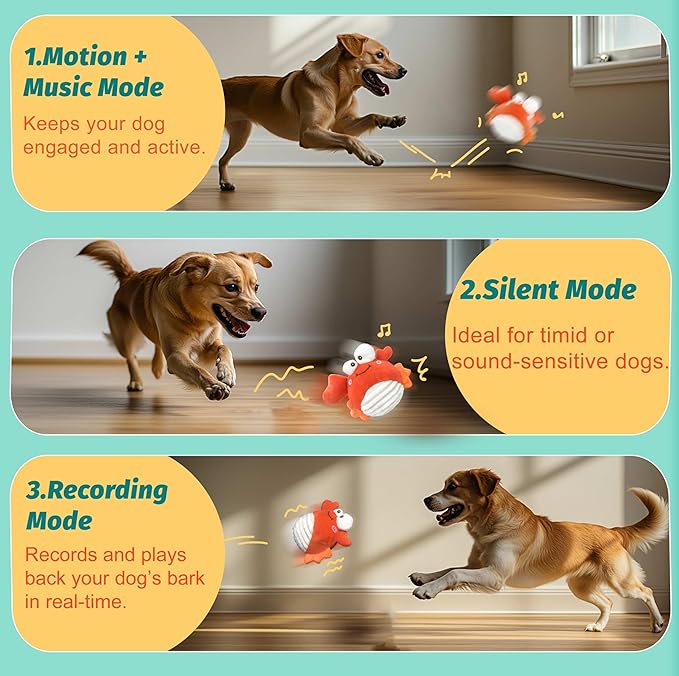 GUKCO Crab Interactive Dog Toys – Rechargeable Self-Play Toy with Motion-Activated Ball & Music Recording Modes for Small, Medium & Large Dogs, Moving Dog Toy to Keep Them Busy