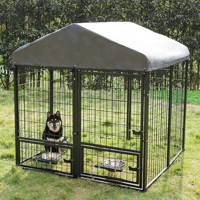 Dog Kennel Outdoor 4.5 x4.5 x4.9 ft with Roof and Rotating Bowl Holders, Large Metal Dog Enclosure, Heavy Duty Dog House Built with Robust 4mm Diameter Wire (4.5'L x 4.5'W x 4.9'H)