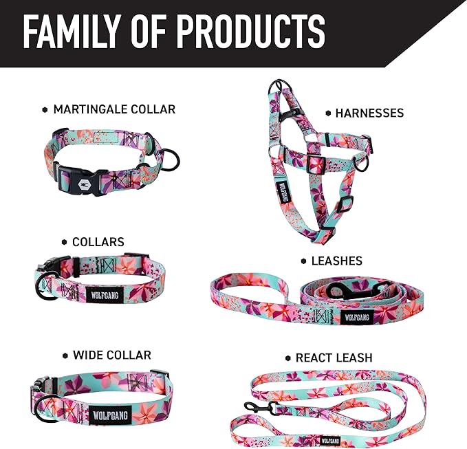Wolfgang Heavy Duty Martingale Dog Collar with Quick Release Nylon Buckle for Walking & Training, DigiFloral Print, Medium