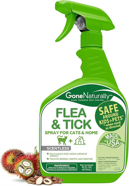 Flea and Tick Spray for Cats & Home– Natural Flea and Tick Prevention for Cats– Bed Bug & Multi-Insect Killer– Scentless Plant-Based Formula Kills on Contact (16 oz)