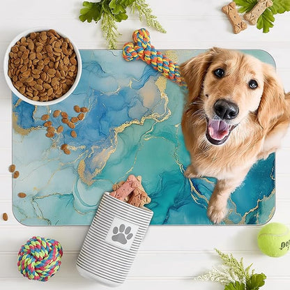 Marble Dog Cat Food Mat,Blue Teal Turquoise Gold Absorbent Pet Feeding Mat with Rubber Backing,Non-Slip Water Bowl Placemat,Indoor Pet Accessories Supplies 12"x20"