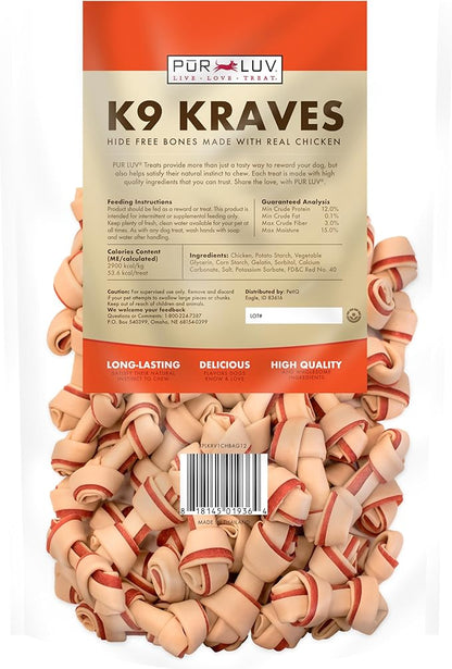 Pur Luv Dog Treats, K9 Kraves Rawhide Free Bone Dog Treat, Chicken Flavor, Made with Real Chicken, 20 Count, Healthy, Easily Digestible, Long-Lasting, High Protein, Satisfies Dog's Urge to Chew